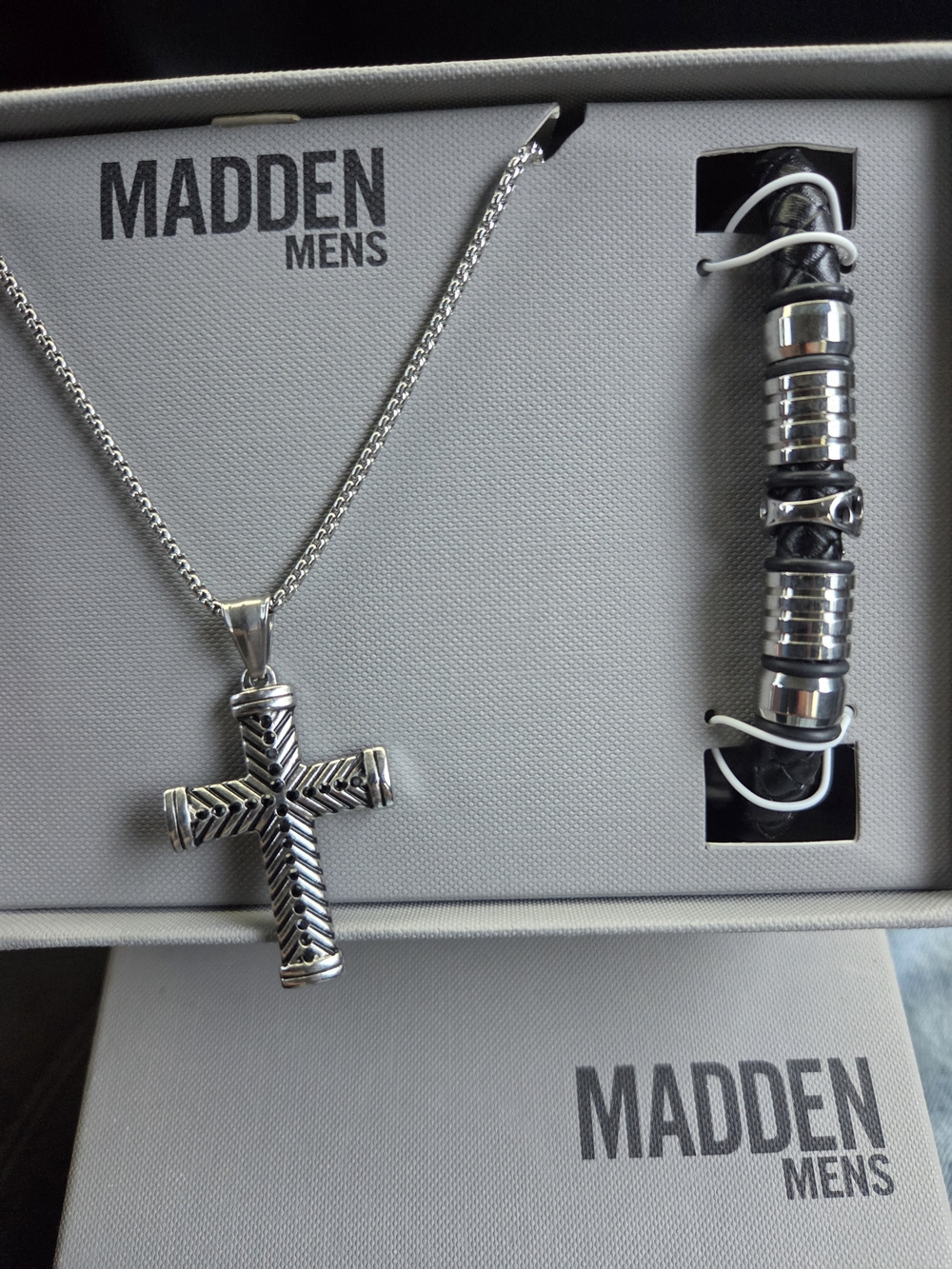 Silver Cross Necklace and Beaded Bracelet Set - Silver